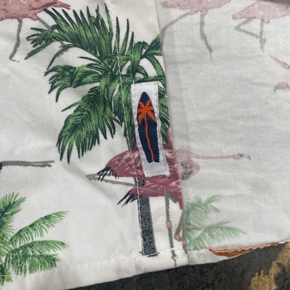 Denim And Flower Pink Flamingo Palm Trees Size Small Slim Short Sleeve Button - Picture 6 of 9
